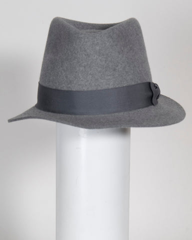 F0381 Tall fedora, 5 1/2" crown ht, grey tweed wool felt, 1 3/4" brim, Headsize 22"